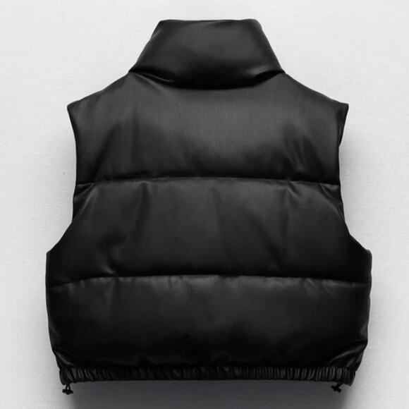 Zara Faux Leather Cropped Puffer Vest in Black Size XS - Picture 12 of 13